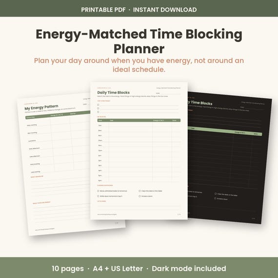 Energy Matched Time Blocking Planner printable